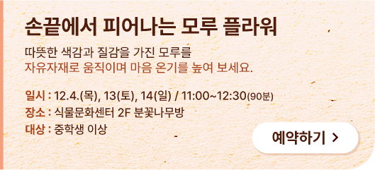 손끝에서 피어나는 모루 플라워 따뜻한 색감과 질감을 가진 모루를 자유자재로 움직이며 마음 온기를 높여 보세요. 일시:12.4.(목), 13(토), 14(일) / 11:00 ~ 12:30(90분). 장소:식물문화센터 2F 분꽃나무방. 대상 : 중학생 이상. 예약하기