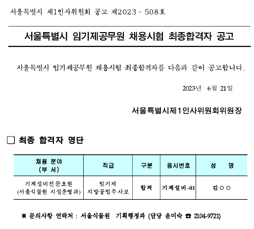 서울특별시 임기제공무원 채용시험 최종합격자 공고