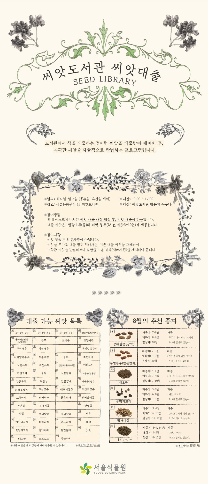 씨앗도서관 씨앗대출 SEED LIBRARY
도서관에서 책을 대출하는 것처럼 씨앗을 대출받아 재배한 후, 수확한 씨앗을 자율적으로 반납하는 프로그램입니다.
날짜: 화요일~일요일 (공휴일, 휴관일 제외) | 시간: 10:00~17:00 | 장소: 식물문화센터 1F 씨앗도서관 | 대상: 씨앗도서관 방문객 누구나
참여방법 - 안내 데스크에 비치된 씨앗 대출 대장 작성 후, 씨앗 대출이 가능합니다. 대출 씨앗은 1인당 1개(종)의 씨앗 봉투 (약 1g, 씨앗3~10립)가 제공됩니다.
참고사항 - 씨앗 반납은 의무사항이 아닙니다. 씨앗을 추가로 대출받기 위해서는, 기존 대출 씨앗을 재배하여 수확한 씨앗을 반납하거나 식물을 키운 기록(재배사진)을 제시해야 합니다.
대출 가능 씨앗 목록 - 재배 난이도 상, 중, 하
감자밭콩(갈색) - 하, 감자밭콩(검정) - 하, 감자밭콩(분홍) - 하, 두벌동부(앉은뱅이) - 하, 울타리강낭콩(넝쿨성) - 하, 완두 - 하, 보리콩 - 하, 개성배추 - 중, 구억배추 - 중, 의성배추 - 중, 유리알옥수수 - 상, 쥐이빨옥수수 - 상, 토종우엉 - 중, 율무 - 중, 조선아욱 - 하, 노랑녹두 - 중, 조선녹두 - 중, 진안토마토(노랑) - 상, 예산오이 - 상, 조선오이 - 상, 물외 - 상, 쇠뿔참외 - 상, 각시동부(넝쿨성) - 중, 갓끈동부 - 중, 꿩동부- 중, 앉을양대 - 중, 개세바닥상추- 하, 파랑꽃상추- 하, 조선상추 - 하, 메꼬지상추 - 하, 괴산적상추- 하, 모평상추 - 하, 담배상추 - 하, 붉은참깨- 하, 선비잡이콩 - 중, 푸른콩 - 중, 북대기콩- 중, 반달콩 - 중, 밤콩 - 중, 보리밭콩 - 중, 오리알태- 중, 부용 - 중, 에키나시아 - 하, 해바라기 - 하, 맨드라미 - 하, 메밀 - 하, 꽃범의꼬리 - 중, 벌개미취 - 하, 흰민들레 - 중, 잇꽃 - 하, 배초향- 하, 코스모스 - 하, 무스카리- 중
*대출 씨앗은 재고 상황에 따라 변동될 수 있습니다.
8월의 추천 씨앗 - 재배 난이도 상, 중, 하
감자밭콩(갈색) (중)- 파종기: 7-8월, 개화기: 8-9월, 결실기: 10월, 파종: 20도이상에서 씨앗 2~3배 깊이로 심는다.
두벌동부(앉은뱅이) (중) - 파종기: 7-8월, 개화기: 8-9월, 결실기: 10월, 파종: 20도이상에서 씨앗 크기의 2~3배 깊이로 심는다.
배초향 (하) - 파종기: 3-9월, 개화기: 7-9월, 결실기: 9-10월, 파종: 30-35도에서 씨앗 크기의 2-3배 깊이로 심는다.
꽃범의꼬리 (하) - 파종기: 3-9월, 개화기: 6-8월, 결실기: 8-9월, 파종: 씨앗 크기의 2-3배 깊이로 심는다.
벌개미취 (하) - 파종기:3-4월, 개화기: 6-10월, 결실기 10-11월, 파종: 20-25도에서 시앗 크기의 2-3배 깊이로 심는다. 
에키나시아 (하) - 파종기: 3-4, 8-9월, 개화기: 7-9월, 결실기: 8-10월, 파종: 25도이상에서 6mm 깊이로 심는다. 
서울식물원