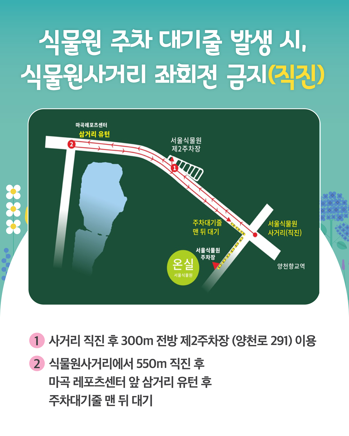 식물원 주차 대기줄 발생 시, 식물원사거리 좌회전 금지(직진), 1 사거리 직진 후 300m 전방 제2주차장 양천로291 이용, 2 식물원사거리에서 550m 직진 후 마곡 레포츠센터 앞 삼거리 유턴 후 주차대기줄 맨 뒤 대기