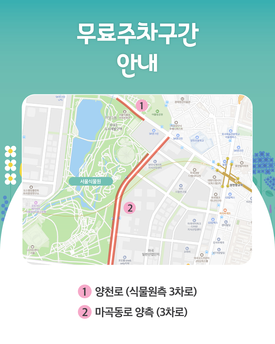 무료주차구간 안내 1 양천로 식물원측 3차로 2 마곡동로 양측 3차로