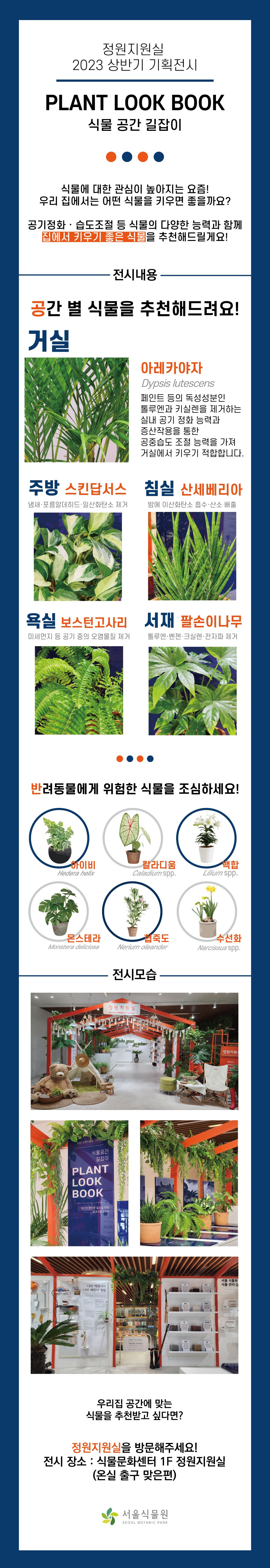 정원지원실 2023 상반기 기획전시 PLANT LOOK BOOK 식물 공간 길잡이
식물에 대한 관심이 높아지는 요즘! 우리 집에서는 어떤 식물을 키우면 좋을까요? 공기정화, 습도조절 등 식물의 다양한 능력과 함께 집에서 키우기 좋은 식물을 추천해드릴게요!
전시내용 공간 별 식물을 추천해드려요! 거실 아레카야자 페인트 등의 독성성분인 톨루엔과 키실렌을 제거하는 실내 공기 정화 능력과 증산작용을 통한 공중습도 조절 능력을 가져 거실에서 키우기 적합합니다. 주방 스킨답서스 냄새, 포름알데히드, 일산화탄소 제거, 침실 산세베리아 밤에 이산화탄소 흡수, 산소 배출, 욕실 보스턴고사리 미세먼지 등 공기 중의 오염물질 제거, 서재 팔손이나무 톨루엔, 벤젠, 크실렌, 전자파 제거. 
반려동물에게 위험한 식물을 조심하세요! 아이비, 칼라디움, 백합, 몬스테라, 협죽도, 수선화
전시모습 사진
우리집 공가네 맞는 식물을 추천받고 싶다면? 정원지원실을 방문해주세요! 전시장소 식물문화센터 1층 정원지원실 온실 출구 맞은편. 서울식물원.