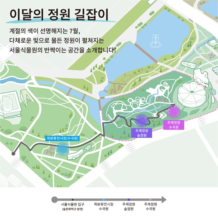 이달의 정원 길잡이 계절의 색이 선명해지는 7월, 다채로운 빛으로 물든 정원이 펼쳐지는 서울식물원의 반짝이는 공간을 소개합니다!
목본류전시장(수국원), 주제정원 숲정원, 주제정원 수국원을 표시한 서울식물원 지도
서울식물원 입구 숲문화학교 방면에서 목본류전시장 수국원, 주제정원 숲정원, 주제정원 수국원 방향