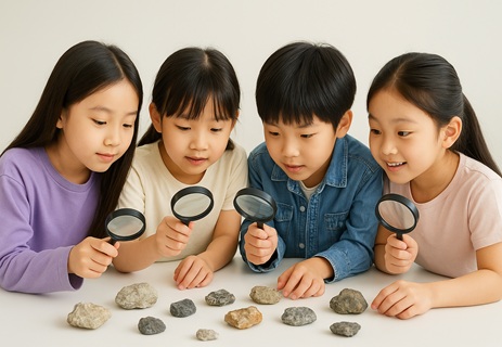 워크숍 3회차 관련 작가 작품인 돌을 관찰하는 네 명의 아이들 모습