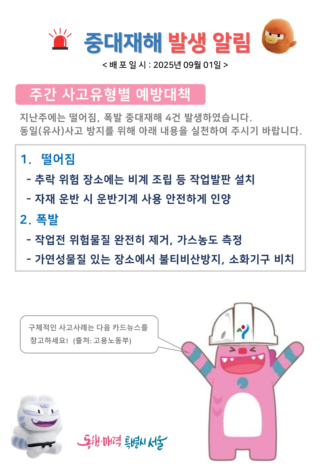 중대재해 발생 알림 배포일시 2025년 9월1일
주간 사고유형별 예방대책
지난주에는 떨어짐, 폭발 중대재해 4건 발생하였습니다. 동일(유사)사고 방지를 위해 아래 내용을 실천하여 주시기 바랍니다.
1. 떨어짐: 추락 위험 장소에는 비계 조립 등 작업발판 설치, 자재 운반 시 운반 기계 사 용 안전하게 인양
2. 폭발: 작업전 위험물질 완전히 제거, 가스농도 측정, 가연성물질 있는 장소에서 불티비산방지, 소화기구 비치
구체적인 사고사례는 다음 카드뉴스를 참고하세요! 출처 고용노동부
동행매력특별시서울