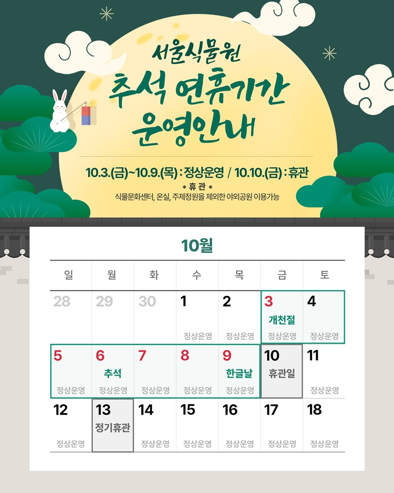 서울식물원 추석 연휴기간 운영안내
10월 3일 금요일부터 10월 9일 목요일 정상운영, 10월 10일 금요일 휴관
휴관: 식물문화센터, 온실, 주제정원을 제외한 야외공원 이용가능
10월 달력 이미지
10월 1일 수요일 정상운영
10월 2일 목요일 정상운영
10월 3일 금요일 정상운영
10월 4일 토요일 정상운영
10월 5일 일요일 정상운영
10월 6일 월요일 정상운영
10월 7일 화요일 정상운영
10월 8일 수요일 정상운영
10월 9일 목요일 정상운영
10월 10일 금요일 휴관일
10월 11일 토요일 정상운영
10월 12일 일요일 정상운영
10월 13일 월요일 정기휴관
10월 14일 화요일 정상운영
10월 15일 수요일 정상운영
10월 16일 목요일 정상운영
10월 17일 금요일 정상운영
10월 18일 토요일 정상운영