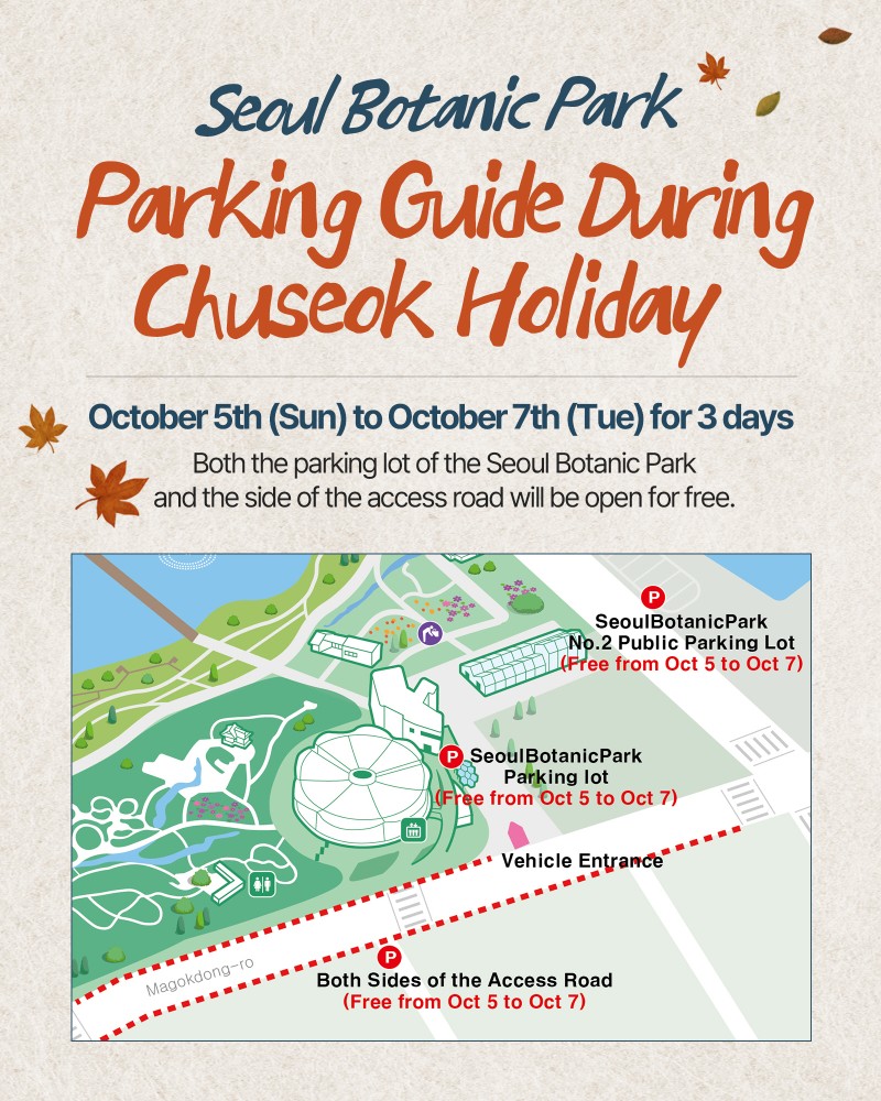 Seoul Botanic Park Parking Guide During Chuseok Holiday
October 5th(sun) to October 7th(Tue) for 3days
Both the parking lot of the Seoul Botanic Park and the side of the access road will be open for free.
Parking Map
SeoulBotanicPark No.2 Public Parking Lot Free from Oct 5 to Oct 7.
SeoulBotanicPark Parking lot Free from Oct 5 to Oct 7.
Vehicle entrance
Both Sides of the access road Free from Oct 5 to Oct 7.