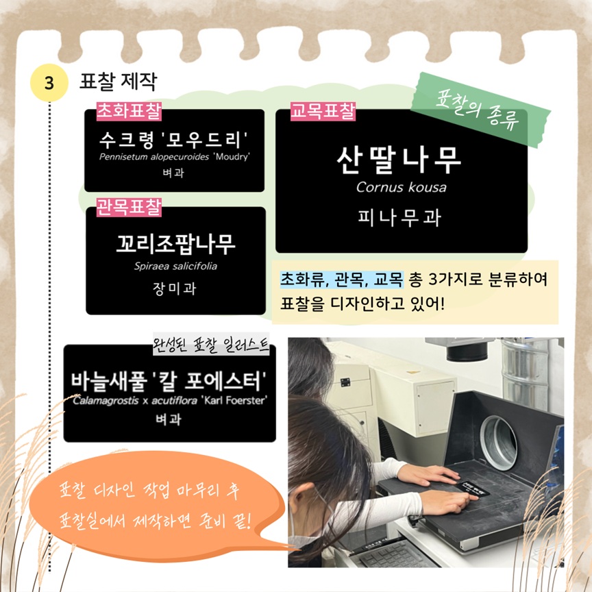 3 표찰 제작
표찰의 종류: 초화표찰, 관목표찰, 교목표찰
초화류, 관목, 교목 총 3가지로 분류하여 표찰을 디자인하고 있어!
완성된 표찰 일러스트 이미지, 표찰제작사진, 표찰 디자인 작업 마무리 후 표찰실에서 제작하면 준비 끝! 