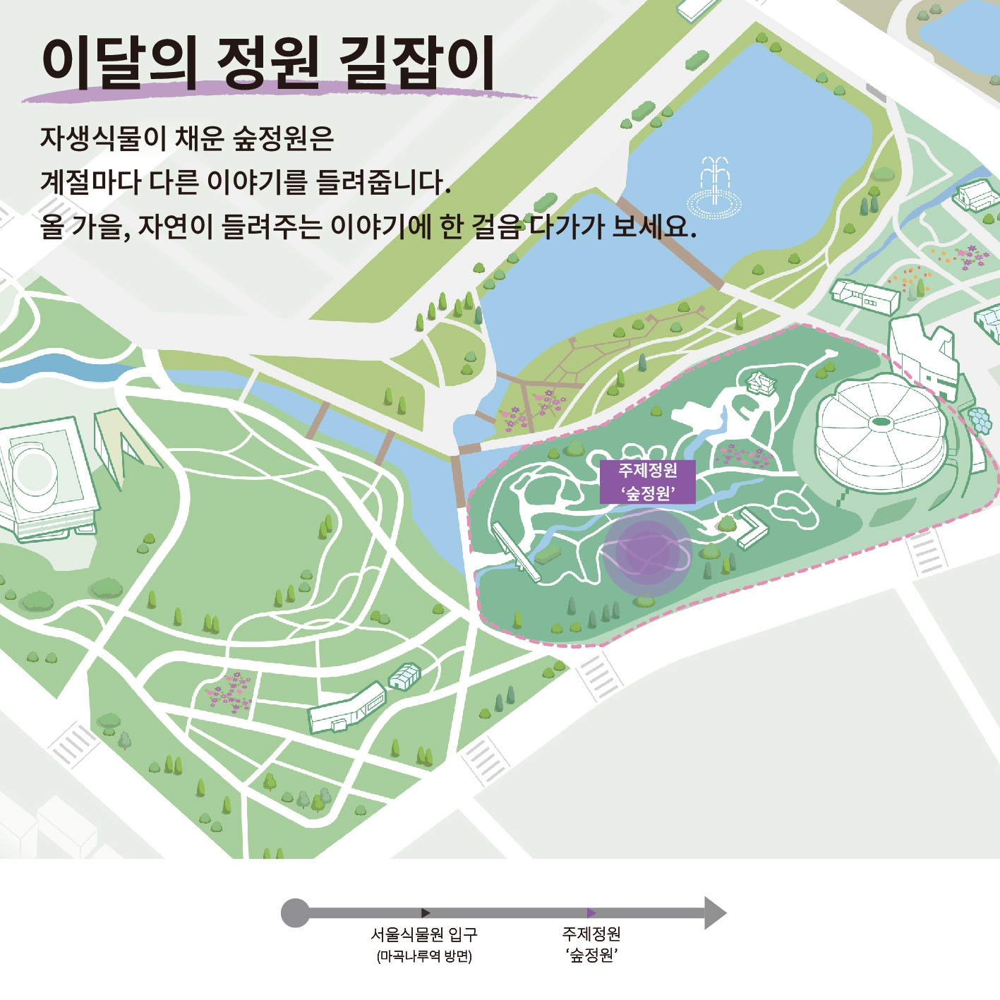 이달의 정원 길잡이: 자생식물이 채운 숲정원은 계절마다 다른 이야기를 들려줍니다. 올 가을, 자연이 들려주는 이야기에 한 걸음 다가가 보세요.
주제정원 ‘숲정원’ 위치 안내 지도
서울식물원 입구(마곡나루역 방면)에서 주제정원 ’숲정원’으로 이동하는 방향 안내
