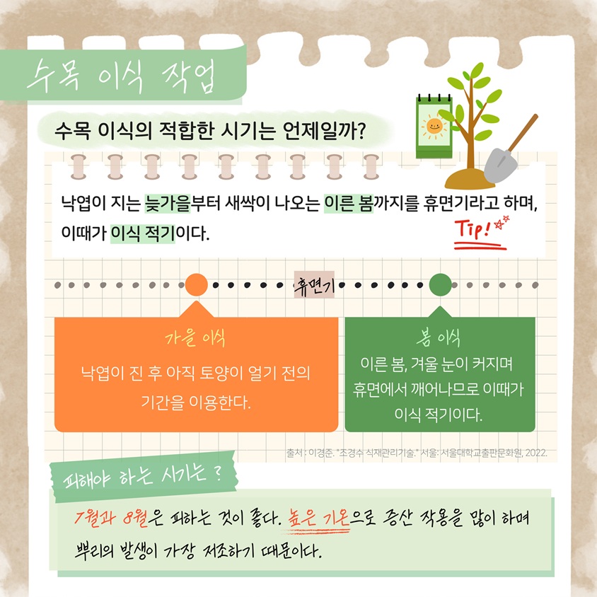 수목 이식 작업
수목 이식의 적합한 시기는 언제일까? 낙엽이 지는 늦가을부터 새싹이 나오는 이른 봄까지를 휴면기라고 하며, 이때가 이식 적기이다. 
가을이식 낙엽이 진 후 아직 토양이 얼기 전의 기간을 이용한다.
봄 이식 이른 봄, 겨울 눈이 커지며 휴면에서 깨어나므로 이때가 이식 적기이다.
출처 이경준 조경수 식재관리기술 서울 서울대학교출판문화원 2022
피해야 하는 시기는? 7월과 8월은 피하는 것이 좋다. 높은 기온으로 증산 작용을 많이 하며 뿌리의 발생이 가장 저조하기 때문이다.