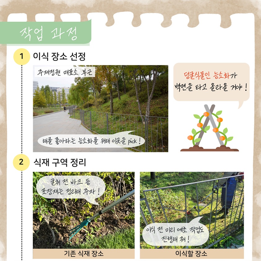 작업 과정
1 이식 장소 선정 주제정원 매표소 부근 해를 좋아하는 능소화를 위해 이곳을 pick 
덩굴식물인 능소화가 벽면을 타고 올라올 거야
2 식재 구역 정리 기존 식재 장소 굴취 전 바크 등 포장재는 정리해 주자
이식할 장소 이식 전 미리 예초 작업도 진행해 줘