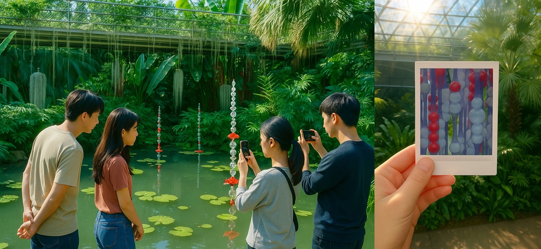 프로그램 참여하여 사진을 찍고 폴라로이드 사진을 보는 모습