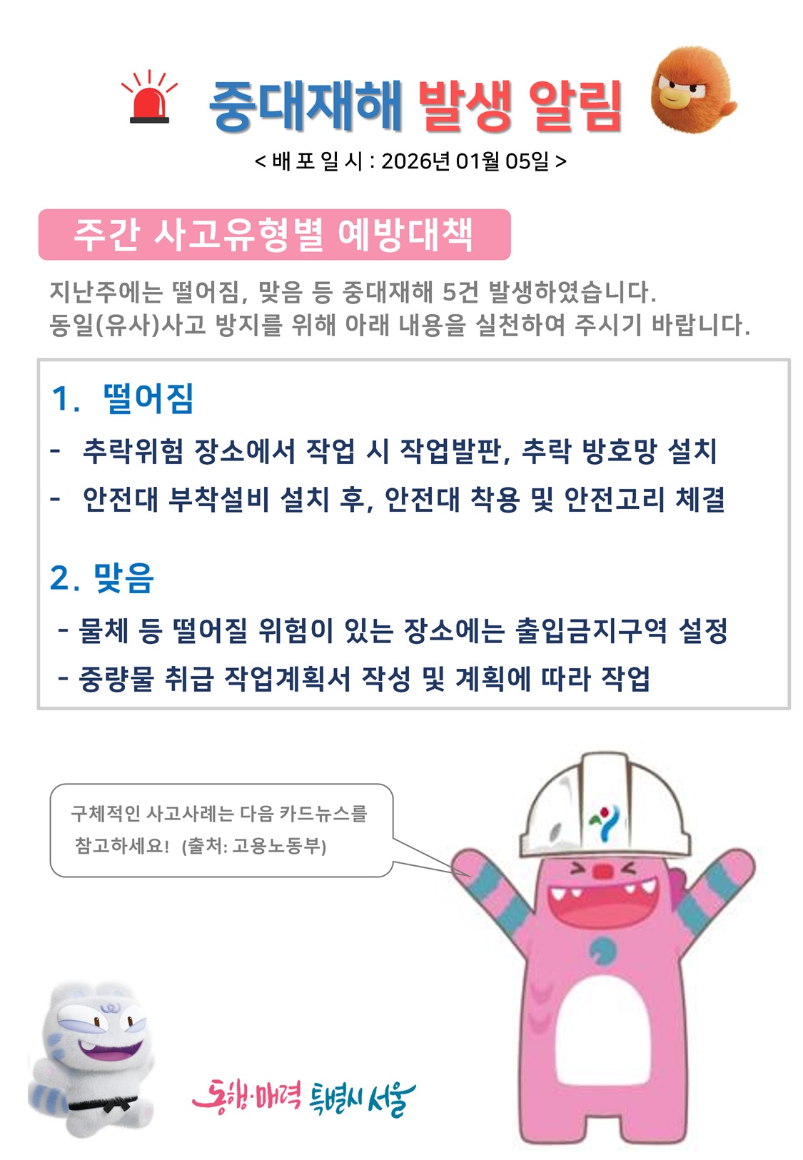 중대재해 발생 알림 배포일시 2026년 1월 5일
주간 사고유형별 예방대책: 지난주에는 떨어짐, 맞음 등 중대재해 5건 발생하였습니다. 동일 유사 사고 방지를 위해 아래 내용을 실천하여 주시기 바랍니다.
1. 떨어짐: 추락위험 장소에서 작업 시 작업발판, 추락 방호망 설치. 안전대 부착설비 설치 후, 안전대 착용 및 안전고리 체결
2. 맞음: 물체 등 떨어질 위험이 있는 장소에는 출입금지구역 설정. 중량물 취급 작업계획서 작성 및 계획에 따라 작업
구체적인 사고사례는 다음카드뉴스를 참고하세요! 출처 고용노동부
동행매력특별시서울