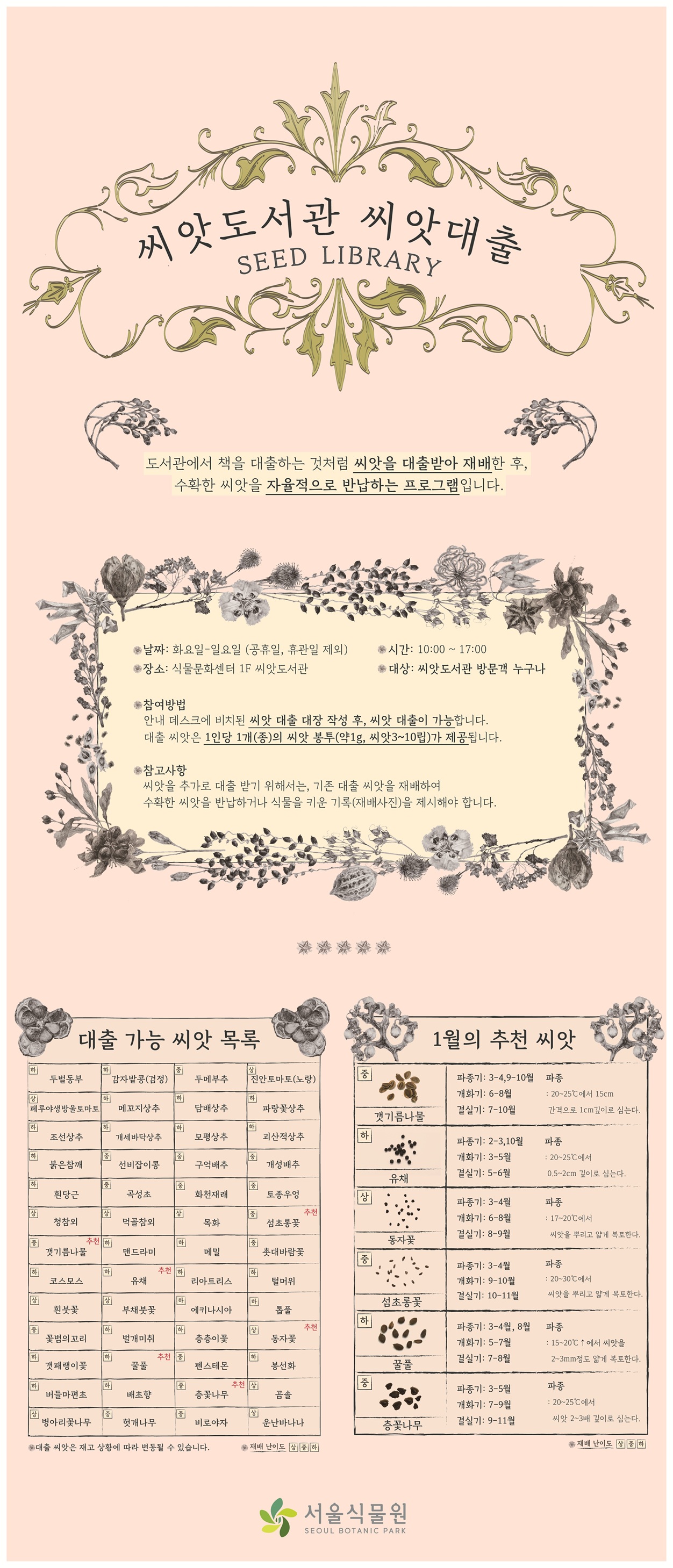 씨앗도서관 씨앗대출 SEED LIBRARY
도서관에서 책을 대출하는 것처럼 씨앗을 대출받아 재배한 후, 수확한 씨앗을 자율적으로 반납하는 프로그램입니다.
날짜 화요일에서 일요일(공휴일과 휴관일은 제외), 장소 식물문화센터 1층 씨앗도서관, 시간 10시에서 17시까지, 대상 씨앗도서관 방문객 누구나
참여방법 안내 데스크에 비치된 씨앗 대출 대장 작성 후, 씨앗 대출이 가능합니다. 대출 씨앗은 1인당 1개(종)의 씨앗 봉투(약 1그램, 씨앗3에서 10립)가 제공됩니다.
참고사항 씨앗을 추가로 대출받기 위해서는, 기존 대출 씨앗을 재배하여 수확한 씨앗을 반납하거나 식물을 키운 기록(재배사진)을 제시해야 합니다.
대출 가능 씨앗 목록
대출 씨앗은 재고 상황에 따라 변동될 수 있습니다. 재배 난이도 상, 중, 하
난이도 하 두벌동부, 난이도 하 감자밭콩(검정), 난이도 중 두메부추, 난이도 상 진안토마토(노랑), 난이도 상 페루야생방울토마토, 난이도 하 메꼬지상추, 난이도 하 담배상추, 난이도 하 파랑꽃상추, 난이도 하 조선상추, 난이도 하 개세바닥상추, 난이도 하 모평상추, 난이도 하 괴산적상추, 난이도 하 붉은참깨, 난이도 중 선비잡이콩, 난이도 중 구억배추, 난이도 중 개성배추, 난이도 하 흰당근, 난이도 중 곡성초, 난이도 중 화천재래, 난이도 중 토종우엉, 난이도 상 청참외, 난이도 상 먹골참외, 난이도 상 목화, 난이도 중 섬초롱꽃 추천, 난이도 중 갯기름나물 추천, 난이도 하 맨드라미, 난이도 하 메밀, 난이도 중 촛대바람꽃, 난이도 하 코스모스, 난이도 하 유채 추천, 난이도 하 리아트리스, 난이도 하 털머위, 난이도 상 흰붓꽃, 난이도 상 부채붓꽃, 난이도 하 에키나시아, 난이도 하 톱풀, 난이도 중 꽃범의꼬리, 난이도 하 벌개미취, 난이도 하 층층이꽃, 난이도 상 동자꽃 추천, 난이도 하 갯패랭이꽃, 난이도 하 꿀풀 추천, 난이도 중 펜스테몬, 난이도 하 봉선화, 난이도 하 버들마편초, 난이도 하 배초향, 난이도 중 층꽃나무 추천, 난이도 상 곰솔, 난이도 상 병아리꽃나무, 난이도 중 헛개나무, 난이도 중 비로야자, 난이도 상 운난바나나
1월의 추천 씨앗
재배 난이도 상, 중, 하
난이도 중 갯기름나물 파종기 3에서 4월, 9에서 10월, 개화기 6에서 8월, 결실기 7에서 10월, 파종 20에서25도에서 15센티미터 간격으로 1센티미터 깊이로 심는다.
난이도 하 유채 파종기 2에서 3월과 10월, 개화기 3에서 5월, 결실기 5에서 6월, 파종 20에서 25도에서 0.5에서 2센티미터 깊이로 심는다.
난이도 상 동자꽃 파종기 3에서 4월, 개화기 6에서 8월, 결실기 8에서 9월, 파종 17에서 20도에서 씨앗을 뿌리고 얇게 복토한다.
난이도 중 섬초롱꽃 파종기 3에서 4월, 개화기 9에서 10월, 결실기 10에서 11월, 파종 20에서 30도에서 씨앗을 뿌리고 얇게 복토한다.
난이도 하 꿀풀 파종기 3에서 4월과 8월, 개화기 5에서 7월, 결실기 7에서 8월, 파종 15에서 20도 이상에서 씨앗을 2에서 3밀리미터 정도 얇게 복토한다.
난이도 중 층꽃나무 파종기 3에서 5월, 개화기 7에서 9월, 결실기 9에서 11월, 파종 20에서 25도에서 씨앗 2에서 3배 깊이로 심는다.
서울식물원