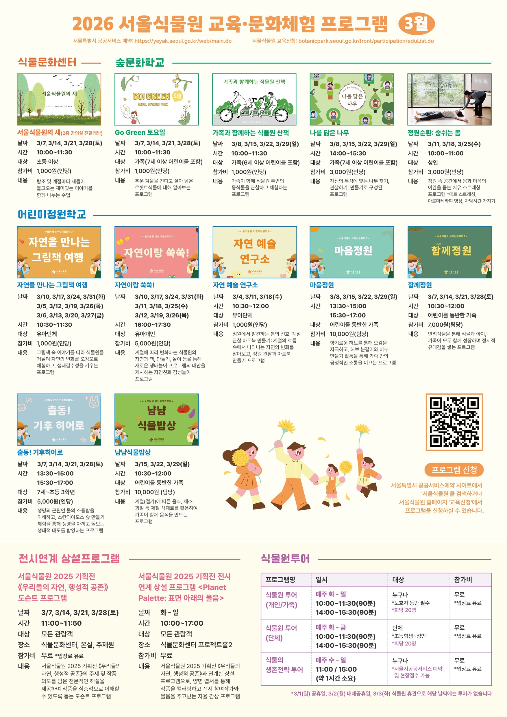 2026 서울식물원 교육, 문화체험 프로그램 3월 2026 서울식물원 교육, 문화체험 프로그램 3월
서울특별시 공공서비스 예약: https://yeyak.seoul.go.kr/web/main.do
서울식물원 교육신청: botanicpark.seoul.go.kr/front/participation/eduList.do
식물문화센터
서울식물원의 새(2층 강의실 진달래방)
날짜 3월 7일, 3월 14일, 3월 21일, 3월 28일(토)
시간 10시부터 11시 30분까지
대상 초등 이상
참가비 1000원(인당)
내용 탐조 및 계절마다 새들이 물고오는 재미있는 이야기를 함께 나누는 수업
숲문화학교
Go Green 토요일
날짜 3월 7일, 3월 14일, 3월 21일, 3월 28일(토)
시간 10시부터 11시 30분까지
대상 가족(7세 이상 어린이를 포함)
참가비 1000원(인당)
내용 추운 겨울을 견디고 살아남은 로젯트 식물에 대해 알아보는 프로그램
가족과 함께 하는 식물원 산책
날짜 3월 8일, 3월 15일, 3월 22일, 3월 29일(일)
시간 10시부터 11시 30분까지
대상 가족(6세 이상 어린이를 포함)
참가비 1000원(인당)
내용 가족이 함께 식물원 주변의 동식물을 관찰하고 체험하는 프로그램
나를 닮은 나무
날짜 3월 8일, 3월 15일, 3월 22일, 3월 29일(일)
시간 14시부터 15시 30분까지
대상 가족(7세 이상 어린이를 포함)
참가비 3000원 (인당)
내용 자신의 특성에 맞는 나무 찾기, 관찰하기, 만들기로 구성된 프로그램
정원순환: 숨쉬는 몸
날짜 3월 11일, 3월 18일 3월 25일(수)
시간 10시부터 11시까지
대상 성인
참가비 3000원(인당)
내용 정원 속 공간에서 몸과 마음의 이완을 돕는 치유 스트레칭 프로그램 매트 스트레칭, 아로마테라피 명상, 차담시간 가지기
어린이정원학교
자연을 만나는 그림책 여행
날짜 3월 10일, 3월 17일, 3월 24일, 3월 31일(화)
3월 5일, 3월 12일, 3월 19일, 3월 26일(목)
3월 6일, 3월 13일, 3월 20일, 3월 27일(금)
시간 10시30분부터 11시 30분까지
대상 유아단체
참가비 1000원(인당)
내용 그림책 속 이야기를 따라 식물원을 거닐며 자연의 변화를 오감으로 체험하고, 생태 감수성을 키우는 프로그램
자연이랑 쑥쑥!
날짜 3월 10일, 3월 17일, 3월 24일, 3월 31일(화)
3월 11일, 3월 18일, 3월 25일(수)
3월 12일, 3월 19일, 3월 26일(목)
시간 유아개인
참가비 5000원(인당)
내용 계절에 따라 변화하는 식물원의 자연과 책, 만들기, 놀이 등을 통해 새로운 생태놀이 프로그램의 대안을 제시하는 자연친화 감성놀이 프로그램
자연 예술 연구소
날짜 3월 4일, 3월 11일, 3월 18일(수)
시간 10시 30분부터 12시까지
대상 유아단체
참가비 1000원(인당)
내용 정원에서 발견하는 봄의 신호 계절 관찰 아트북 만들기: 계절의 흐름속에서 나타나는 자연의 변화를 알아보고, 정원 관찰과 아트북 만들기 프로그램
마음정원
날짜 3월 8일, 3월 15일, 3월 22일, 3월 29일(일)
시간 13시 30분부터 15시 까지, 15시 30분부터 17시까지
대상 어린이를 동반한 가족
참가비 10000원(팀당)
내용 향기로운 허브를 통해 오감을 자극하고, 허브 분갈이와 비누 만들기 활동을 통해 가족 간의 긍정적인 소통을 이끄는 프로그램
함께정원
날짜 3월 7일, 3월 14일, 3월 21일, 3월 28일(토)
시간 10시 30분부터 12시 까지
대상 어린이를 동반한 가족
참가비 7000원(팀당)
내용 반려식물을 통해 식물과 아이, 가족이 모두 함께 성장하며 정서적 유대감을 쌓는 프로그램
출동! 기후히어로
날짜 3월 7일, 3월 14일, 3월 21일, 3월 28일(토)
시간 13시 30분부터 15시까지, 15시 30분부터 17시까지
대상 7세~ 초등 3학년
참가비 5000원(인당)
내용 생명의 근원인 물의 소중함을 이해하고, 스칸디아모스 숲 만들기 체험을 통해 생명을 아끼고 돌보는 생태적 태도를 함양하는 프로그램
냠냠식물밥상
날짜 3월 15일, 3월 22일, 3월 29일(일)
시간 10시 30분부터 12시 까지
대상 어린이를 동반한 가족
참가비 10000원(팀당)
내용 계절(절기)에 따른 음식, 채소, 과일 등 제철 식재료를 활용하여 가족이 함께 음식을 만드는 프로그램
프로그램 신청 QR 코드 이미지
프로그램 신청 서울특별시 공공서비스예약 사이트에서 서울식물원을 검색하거나 서울식물원 홈페이지 교육신청에서 프로그램을 신청하실 수 있습니다.
전시연계 상설프로그램
서울식물원 2025 기획전 《우리들의 자연, 행성적 공존》도슨트 프로그램
날짜 3월 7일, 3월 14일, 3월 21일, 3월 28일(토)
시간 11시부터 11시 50분까지
대상 모든 관람객
장소 식물문화센터, 온실, 주제원
참가비 무료(입장료 무료)
내용 서울식물원 2025 기획전 《우리들의 자연, 행성적 공존》의 주제 및 작품 의도를 담은 전문적인 해설을 제공하여 작품을 심층적으로 이해할 수 있도록 돕는 도슨트 프로그램
서울식물원 2025 기획전 전시연계 상설 프로그램 <Planet Palette: 표면 아래의 물음>
날짜 화-일
시간 10시부터 17시까지
대상 모든 관람객
장소 식물문화센터 프로젝트홀2
참가비 무료
내용 서울식물원 2025 기획전 《우리들의 자연, 행성적 공존》과 연계한 상설 프로그램으로, 양면 엽서를 통해 작품을 컬러링하고 전시 참여작가와 물음을 주고받는 자율 감상 프로그램
식물원투어
프로그램명 일시 대상 참가비
식물원 투어(개인/가족) 매주 화요일부터 일요일까지 10시부터 11시 30분까지(90분), 14시부터 15시 30분(90분), 누구나 보호자 동반 필수, 회당 20명, 무료 입장료 유료
식물원 투어(단체) 매주 화요일부터 금요일까지 10시부터 11시 30분(90분), 14시부터 15시 30분(90분), 단체(초등학생-성인, 회당 20명), 무료 입장료 유료
식물의 생존전략 투어 매주 수요일부터 일요일까지 11시부터 15시까지 약 1시간 소요, 누구나 서울시공공서비스예약 및 현장접수 가능, 무료 입장료 유료
3월 1일(일) 공휴일, 3월 2일(월) 대체공휴일, 3월 3일(화) 식물원 휴관으로 해당 날짜에는 투어가 없습니다.