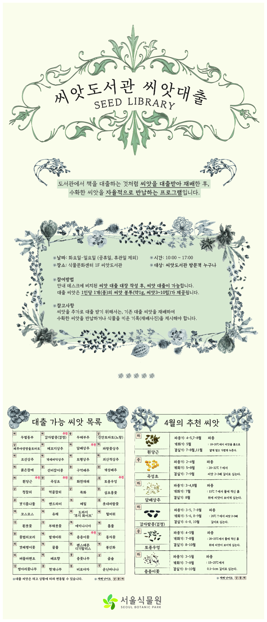 씨앗도서관 씨앗대출 SEED LIBRARY
도서관에서 책을 대출하는 것처럼 씨앗을 대출받아 재배한 후, 수확한 씨앗을 자율적으로 반납하는 프로그램입니다.
날짜 화요일에서 일요일까지, 공휴일, 휴관일 제외
시간 10시부터 17시까지
장소 식물문화센터 1층 씨앗도서관
대상 씨앗도서관 방문객 누구나
참여방법 안내 데스크에 비치된 씨앗 대출 대장 작성 후, 씨앗 대출이 가능합니다.
대출 씨앗은 1인당 1개(종)의 씨앗 봉투(약 1그램, 씨앗 3에서 10립)가 제공됩니다.
참고사항 씨앗을 추가로 대출받기 위해서는 기존 대출 씨앗을 재배하여 수확한 씨앗을 반납하거나 식물을 키운 기록(재배사진)을 제시해야 합니다.
대출 가능 씨앗 목록
대출 씨앗은 재고 상황에 따라 변동될 수 있습니다.
재배 난이도 상, 중, 하
난이도 하 두벌동부, 난이도 하 감자밭콩(검정) 추천, 난이도 중 두메부추, 난이도 상 진안토마토(노랑), 난이도 상 페루야생방울토마토, 난이도 하 메꼬지상추, 난이도 하 담배상추 추천, 난이도 하 파랑꽃상추, 난이도 하 조선상추, 난이도 하 개세바닥상추, 난이도 하 모평상추, 난이도 하 괴산적상추, 난이도 하 붉은참깨, 난이도 중 선비잡이콩, 난이도 중 구억배추, 난이도 중 개성배추, 난이도 하 흰당근 추천, 난이도 중 곡성초 추천, 난이도 중 화천재래, 난이도 중 토종우엉 추천, 난이도 상 청참외, 난이도 상 먹골참외, 난이도 상 목화, 난이도 중 섬초롱꽃, 난이도 중 갯기름나물, 난이도 하 맨드라미, 난이도 하 메밀, 난이도 중 촛대바람꽃, 난이도 하 코스모스, 난이도 하 유채, 난이도 하 도라지 후지화이트, 난이도 하 털머위, 난이도 상 흰붓꽃, 난이도 상 부채붓꽃, 난이도 하 에키나시아, 난이도 하 톱풀, 난이도 중 꽃범의꼬리, 난이도 하 벌개미취, 난이도 하 층층이꽃 추천, 난이도 상 동자꽃, 난이도 하 갯패랭이꽃, 난이도 하 꿀풀, 난이도 중 펜스테몬디기탈리스, 난이도 하 봉선화, 난이도 하 버들마편초, 난이도 하 배초향, 난이도 중 층꽃나무, 난이도 상 곰솔, 난이도 상 병아리꽃나무, 난이도 중 헛개나무, 난이도 중 비로야자, 난이도 상 운난바나나
4월의 추천 씨앗
재배 난이도 상, 중, 하
난이도 하 흰당근: 파종기 4월에서 5월과 7월에서 8월, 개화기 5월, 결실기 7에서 8월과 11월, 파종 18에서 20도에서 씨앗을 흙으로 얇게 덮고 가볍게 누른다.
난이도 중 곡성초: 파종기 2에서 4월, 개화기 5에서 8월, 결실기 7에서 9월, 파종 20에서 32도 이상에서 씨앗 2에서 3배 깊이로 심는다.
난이도 하 담배상추: 파종기 3에서 4월과 8월, 개화기 7월, 결실기 8월, 파종 15도 이상에서 물에 적신 흙 위에 씨앗이 보이게 심는다.
난이도 하 감자밭콩(검정): 파종기 3에서 5월과 7에서 8월, 개화기 5에서 6월과 8에서 9월, 결실기 6에서 8월과 10월, 파종 20도 이상에서 씨앗 2에서 3배 깊이로 심는다.
난이도 중 토종우엉: 파종기 4에서 5월, 개화기 7에서 8월, 결실기 8에서 10월, 파종 20에서 25도에서 물에 적신 흙 위에 씨앗이 보이게 심는다.
난이도 하 층층이꽃: 파종기 3에서 5월, 개화기 7에서 8월, 결실기 8에서 10월, 파종 15에서 25도에서 0.1에서 1센티미터 깊이로 심는다.
서울식물원 SEOUL BOTANIC PARK