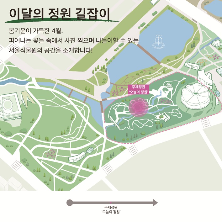 이달의 정원 길잡이
봄기운이 가득한 4월. 피어나는 꽃들 속에서 사진 찍으며 나들이할 수 있는 서울식물원의 공간을 소개합니다!
주제정원 ‘오늘의 정원’ 지도 이미지