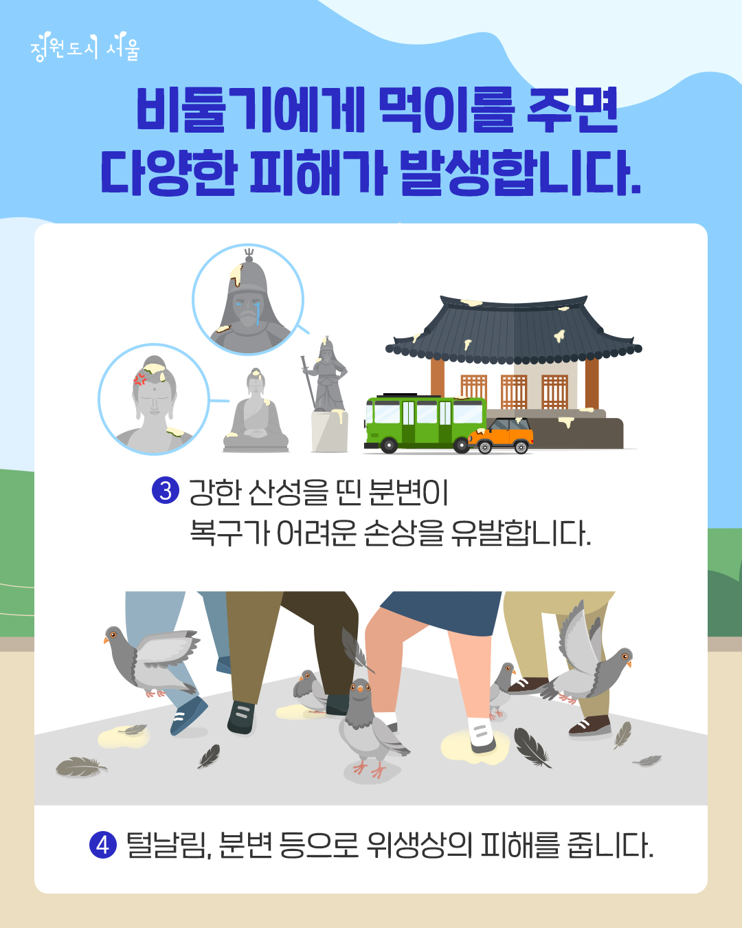 정원도시 서울. 비둘기에게 먹이를 주면 다양한 피해가 발생합니다. 3. 강한 산성을 띤 분변이 복구가 어려운 손상을 유발합니다. 4. 털날림, 분변 등으로 위생상의 피해를 줍니다.
