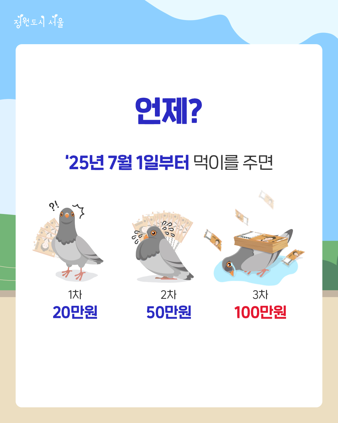 정원도시 서울. 언제? 25년 7월 1일부터 먹이를 주면 과태료 1차 20만원, 2차 50만원, 3차 100만원