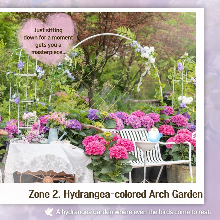 Just sitting down for a moment gets you a masterpiece... Zone 2. Hydrangea-colored Arch Garden. A hydrangea garden where even the birds come to rest. 