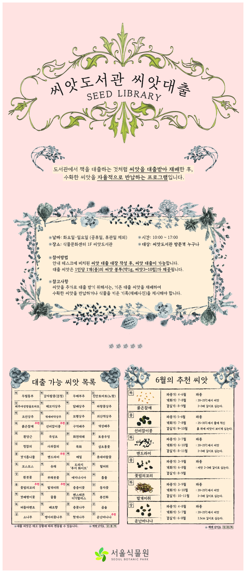 2026년 6월 씨앗도서관 씨앗 대출 목록 포스터. 이용 안내 및 6월의 추천 씨앗(붉은참께, 선비잡이콩, 맨드라미, 꽃범의 꼬리, 벌개미취, 운난바나나) 상세 정보가 담겨 있습니다.