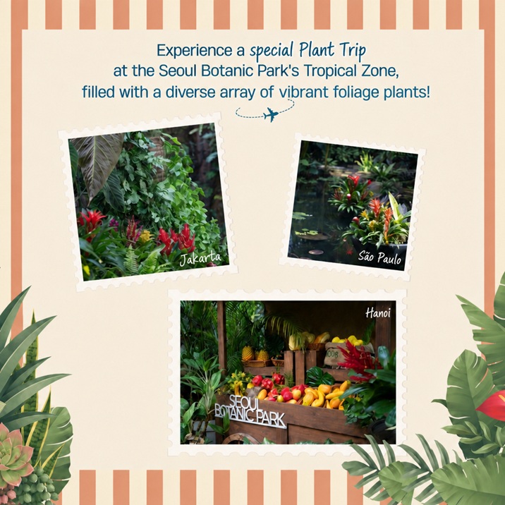 Part 1-5: Overview of the special foliage exhibition zone, surrounded by towering tropical trees and dense greenery, creating a refreshing jungle atmosphere.