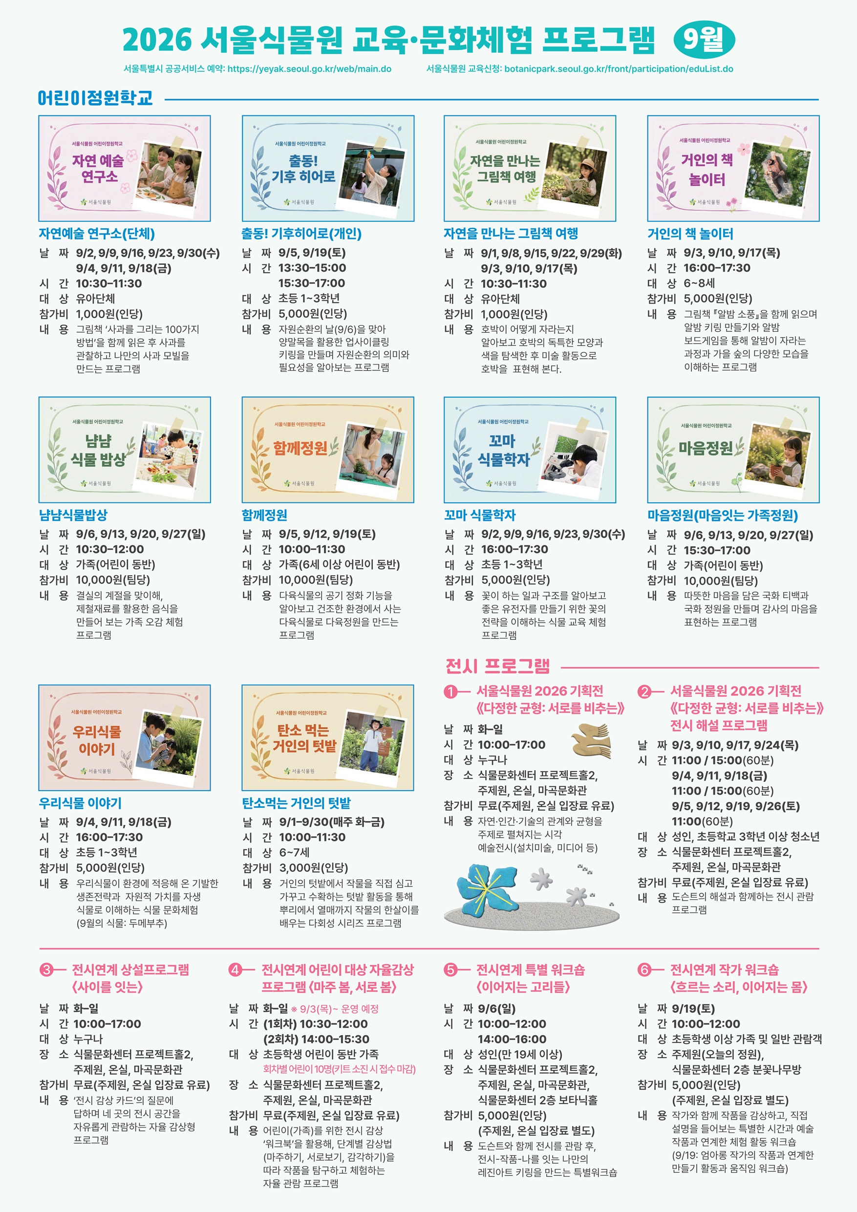 2026 서울식물원 교육·문화체험 프로그램 9월
서울특별시 공공서비스 예약: https://yeyak.seoul.go.kr/web/main.do
서울식물원 교육 신청: https://botanicpark.seoul.go.kr/front/participation/eduList.do

자연예술 연구소(단체)
날짜: 9/2, 9/9, 9/16, 9/23, 9/30(수), 9/4, 9/11, 9/18(금)
시간: 10:30-11:30
대상: 유아단체
참가비: 1,000원(인당)
내용: 그림책 ‘사과를 그리는 100가지 방법’을 함께 읽은 후 사과를 관찰하고 나만의 사과 모빌을 만드는 프로그램

출동! 기후히어로(개인)
날짜: 9/5, 9/19(토)
시간: 13:30-15:00, 15:30-17:00
장소: 어린이정원학교
대상: 초등 1~3학년
참가비: 5,000원(인당)
내용: 자원순환의 날(9/6)을 맞아 양말목을 활용한 업사이클링 키링을 만들며 자원순환의 의미와 필요성을 알아보는 프로그램

자연을 만나는 그림책 여행
날짜: 9/1, 9/8, 9/15, 9/22, 9/29(화), 9/3, 9/10, 9/17(목)
시간: 10:30-11:30
장소: 어린이정원학교
대상: 유아단체
참가비: 1,000원(인당)
내용: 호박이 어떻게 자라는지 알아보고 호박의 독특한 모양과 색을 탐색한 후 미술 활동으로 호박을 표현해 본다.

거인의 책 놀이터
날짜: 9/3, 9/10, 9/17(목)
시간: 16:00-17:30
장소: 어린이정원학교
대상: 6~8세
참가비: 5,000원(인당)
내용: 그림책 ‘알밤 소풍’을 함께 읽으며 알밤 키링 만들기와 알밤 보드게임을 통해 알밤이 자라는 과정과 가을 숲의 다양한 모습을 이해하는 프로그램

냠냠식물밥상
날짜: 9/6, 9/13, 9/20, 9/27(일)
시간: 10:30-12:00
장소: 어린이정원학교
대상: 가족(어린이 동반)
참가비: 10,000원(팀당)
내용: 결실의 계절을 맞이해, 제철재료를 활용한 음식을 만들어 보는 가족 오감 체험 프로그램

함께정원
날짜: 9/5, 9/12, 9/19(토)
시간: 10:00-11:30
장소: 어린이정원학교
대상: 가족(6세 이상 어린이 동반)
참가비: 10,000원(팀당)
내용: 다육식물의 공기 정화 기능을 알아보고 건조한 환경에서 사는 다육식물로 다육정원을 만드는 프로그램

꼬마 식물학자
날짜: 9/2, 9/9, 9/16, 9/23, 9/30(수)
시간: 16:00-17:30
장소: 어린이정원학교
대상: 초등 1~3학년
참가비: 5,000원(인당)
내용: 꽃이 하는 일과 구조를 알아보고 좋은 유전자를 만들기 위한 꽃의 전략을 이해하는 식물 교육 체험 프로그램

마음정원(마음잇는 가족정원)
날짜: 9/6, 9/13, 9/20, 9/27(일)
시간: 15:30-17:00
장소: 어린이정원학교
대상: 가족(어린이 동반)
참가비: 10,000원(팀당)
내용: 따뜻한 마음을 담은 국화 티백과 국화 정원을 만들며 감사의 마음을 표현하는 프로그램

우리식물 이야기
날짜: 9/4, 9/11, 9/18(금)
시간: 16:00-17:30
장소: 어린이정원학교
대상: 초등 1~3학년
참가비: 5,000원(인당)
내용: 우리식물이 환경에 적응해 온 기발한 생존전략과 자원적 가치를 자생식물로 이해하는 식물 문화체험(9월의 식물: 두메부추)

탄소먹는 거인의 텃밭
날짜: 9/1-9/30(매주 화-금)
시간: 10:00-11:30
장소: 어린이정원학교
대상: 6~7세
참가비: 3,000원(인당)
내용: 거인의 텃밭에서 작물을 직접 심고 가꾸고 수확하는 텃밭 활동을 통해 뿌리에서 열매까지 작물의 한살이를 배우는 다회성 시리즈 프로그램

전시프로그램 1
서울식물원 2026 기획전 《다정한 균형: 서로를 비추는》
날짜: 화-일
시간: 10:00-17:00
대상: 누구나
장소: 식물문화센터 프로젝트홀2, 주제원, 온실, 마곡문화관
참가비: 무료(주제원, 온실 입장료 유료)
내용: 자연, 인간, 기술의 관계와 균형을 주제로 펼쳐지는 시각 예술전시(설치미술, 미디어 등)

전시프로그램2
서울식물원 2026 기획전 《다정한 균형: 서로를 비추는》 전시 해설 프로그램
날짜 시간: 9/3, 9/10, 9/17, 9/24(목) 11:00 / 15:00(60분)
           9/4, 9/11, 9/18(금) 11:00 / 15:00(60분)
           9/5, 9/12, 9/19, 9/26(토) 11:00(60분)
대상: 성인, 초등학교 3학년 이상 청소년
장소: 식물문화센터 프로젝트홀2, 주제원, 온실, 마곡문화관
참가비: 무료(주제원, 온실 입장료 유료)
내용: 도슨트의 해설과 함께하는 전시 관람 프로그램

전시프로그램3
전시연계 상설프로그램 〈사이를 잇는〉
날짜: 화-일
시간: 10:00-17:00
대상: 누구나
장소: 식물문화센터 프로젝트홀2, 주제원, 온실, 마곡문화관
참가비: 무료(주제원, 온실 입장료 유료)
내용: ‘전시 감상 카드’의 질문에 답하며 네 곳의 전시 공간을 자유롭게 관람하는 자율 감상형 프로그램

전시프로그램4
전시연계 어린이 대상 자율감상 프로그램 〈마주 봄, 서로 봄〉
날짜: 화-일 9/3(목)~ 운영 예정
시간: (1회차) 10:30-12:00, (2회차) 14:00-15:30
대상: 초등학생 어린이 동반 가족, 회차별 어린이 10명(키트 소진 시 접수 마감)
장소: 식물문화센터 프로젝트홀2, 주제원, 온실, 마곡문화관
참가비: 무료(주제원, 온실 입장료 유료)
내용: 어린이(가족)를 위한 전시 감상 ‘워크북’을 활용해, 단계별 감상법(마주하기, 서로보기, 감각하기)을 따라 작품을 탐구하고 체험하는 자율 관람 프로그램

전시프로그램5
전시연계 특별 워크숍 〈이어지는 고리들〉
날짜: 9/6(일)
시간: 10:00-12:00, 14:00-16:00
대상: 성인(만 19세 이상)
장소: 식물문화센터 프로젝트홀2, 주제원, 온실, 마곡문화관, 식물문화센터 2층 보타닉홀
참가비: 5,000원(인당)(주제원, 온실 입장료 별도)
내용: 도슨트와 함께 전시를 관람 후, 전시-작품-나를 잇는 나만의 레진아트 키링을 만드는 특별워크숍

전시프로그램6
전시연계 작가 워크숍 〈흐르는 소리, 이어지는 몸〉
날짜: 9/19(토)
시간: 10:00-12:00
대상: 초등학생 이상 가족 및 일반 관람객
장소: 주제원(오늘의 정원), 식물문화센터 2층 분꽃나무방
참가비: 5,000원(인당)(주제원, 온실 입장료 별도)
내용: 작가와 함께 작품을 감상하고, 직접 설명을 들어보는 특별한 시간과 예술 작품과 연계한 체험 활동 워크숍 (9/19: *** 작가의 작품과 연계한 만들기 활동과 움직임 워크숍)