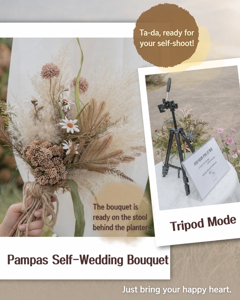 Ta-da, ready for your self-shoot! Pampas Self-Wedding Bouquet. The bouquet is ready on the stool behind the planter~ Tripod Mode. Just bring your happy heart.